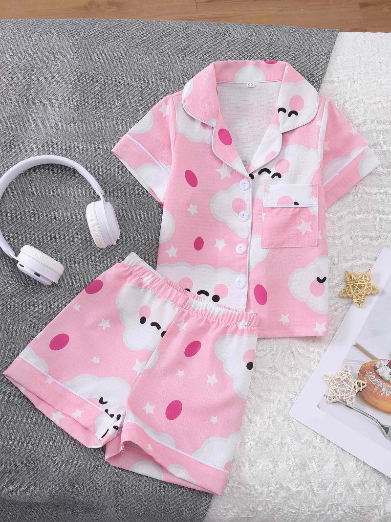Cartoon Cloud Print Girls Pajama Set - Short Sleeve & Shorts 90 cm