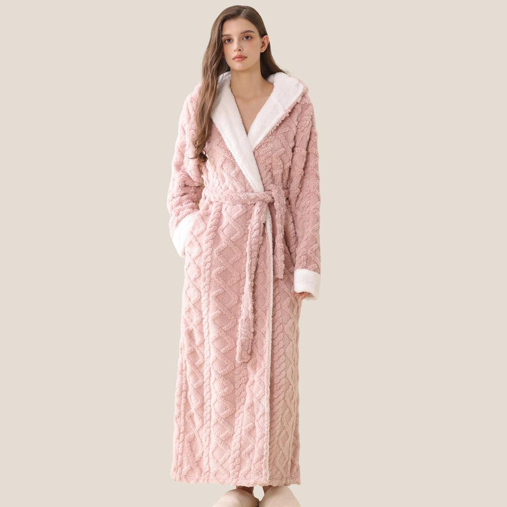 Women's Extra-Long Hooded Flannel Coral Fleece Bathrobe: Warm and Thickened for Couples