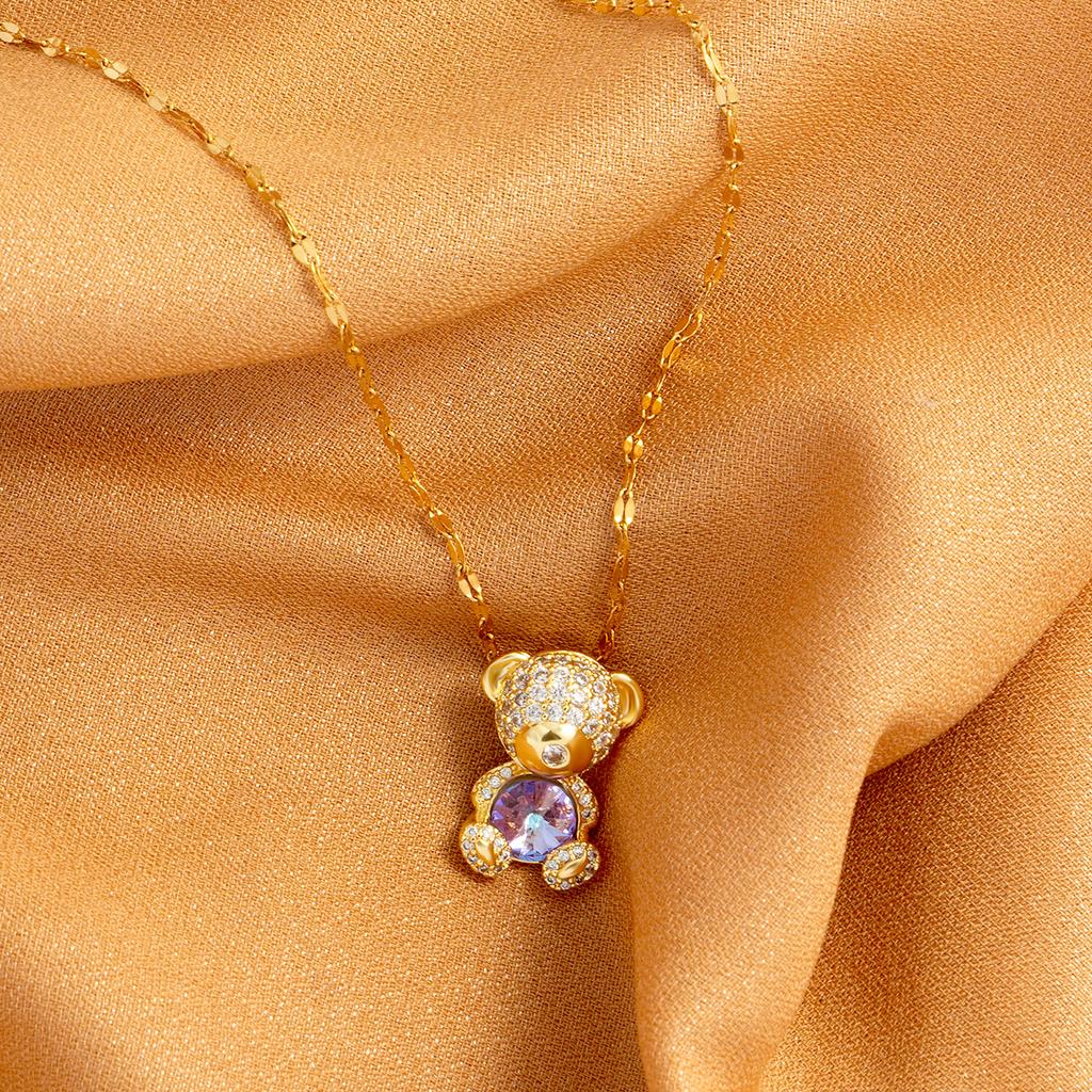 Little Bear Embracing Colorful Zircon Women's Party Stainless Steel Plated 18K Gold Hypoallergenic Jewelry Pendant Necklace