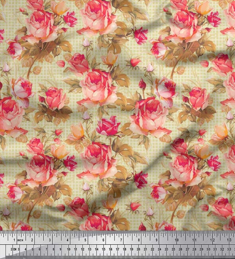 Soimoi Japan Crepe Satin Stoff Sjekk, Blader & Rose Blomstertrykk Sy Stoff meter 42 tommer