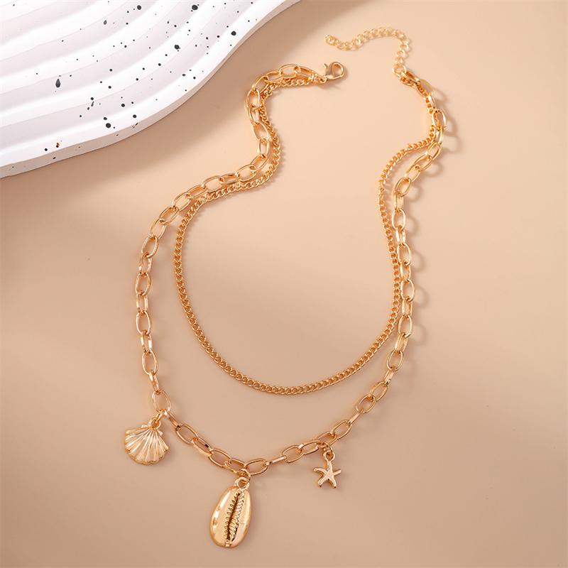 Fashion Gold Color Zinc Alloy Chain Necklace Double-Layer Shell Starfish Pendant Choker Necklace for Women Holiday Gifts