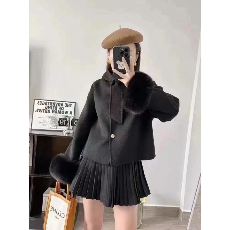 

Милая норковая шуба из двухстороннего кашемира для женщин, осень-зима, новый стиль, манжеты из меха лисы, короткая модель для маленьких людей M