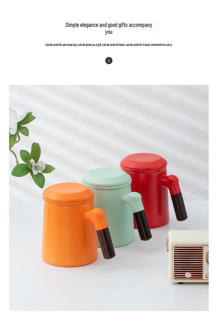 Ceramic Tea Brewing Mug with Wooden Handle, Lid, and Filter - Large Capacity Office Souvenir Cup