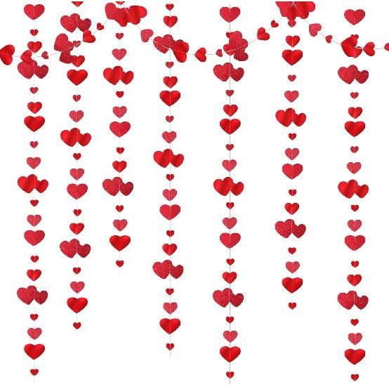 Red Heart Garland, Red Heart Hanging Glitter Streamer Bunting Banner, Party Decorations Garland, for Anniversary, Valentines Day, Engagement Wedding