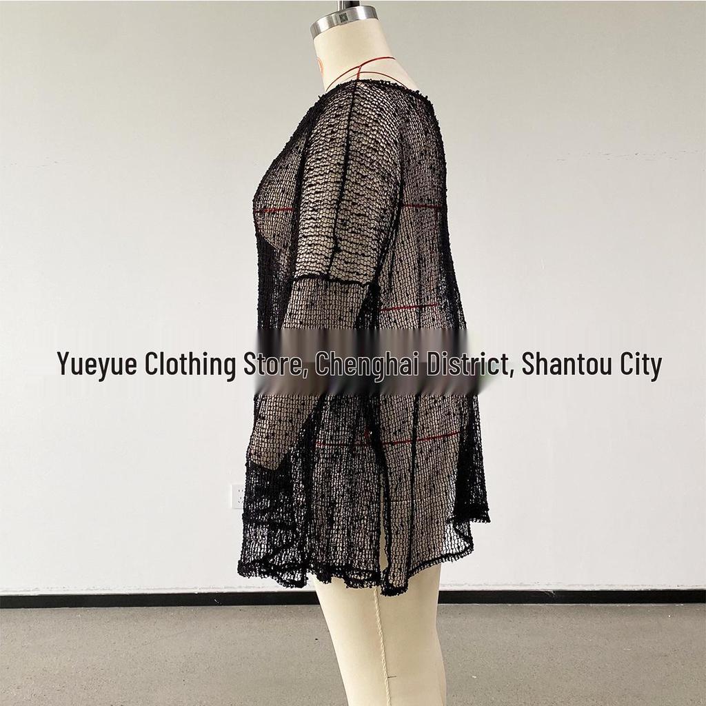 Plus Size See-Through Mesh Long Sleeve Beach Cover-Up with Side Slit