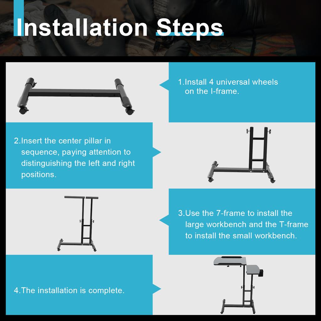 Adjustable Tattoo Desk with Wheels, Heavy-Duty Mobile Workbench Station for Tattoo Artist, Home Studio & Beauty Salon