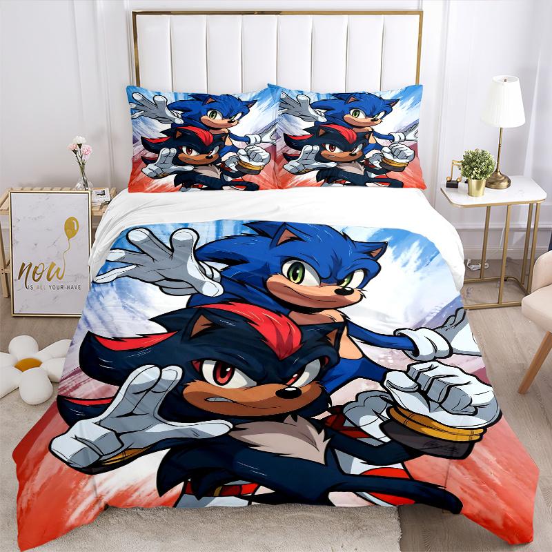 3pcs Speedsters United Sonic and Shadow's Quilt Set Cartoon Themed Bed Quilt Set Lovely Character Bedroom Decor Bed Quilt Set Four Seasons (1 Cov