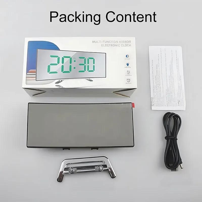 Creative Curved Electronic Clock LED Large Screen Mirror Alarm Clock Students Silent Multifunctional Desktop Clock Ornament