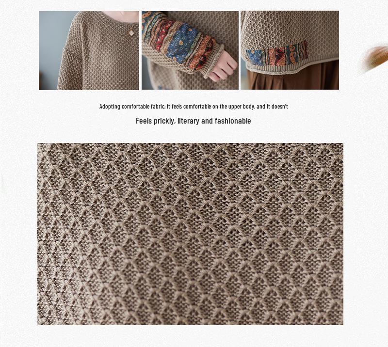 2024 Autumn/Winter Plus Size Retro Ethnic Applique Cotton Knit Women's Loose Round Neck Pullover