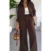 Women's Solid Color Loose Long Sleeve Shirt Elastic Waist Wide Leg Pants Casual Two Piece Outfit Set