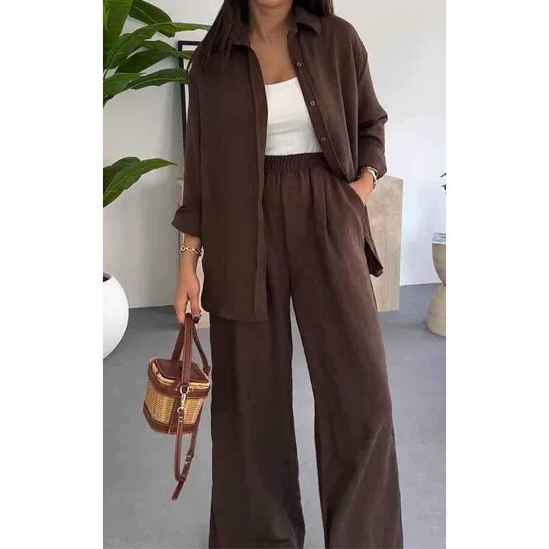 Women's Solid Color Loose Long Sleeve Shirt Elastic Waist Wide Leg Pants Casual Two Piece Outfit Set