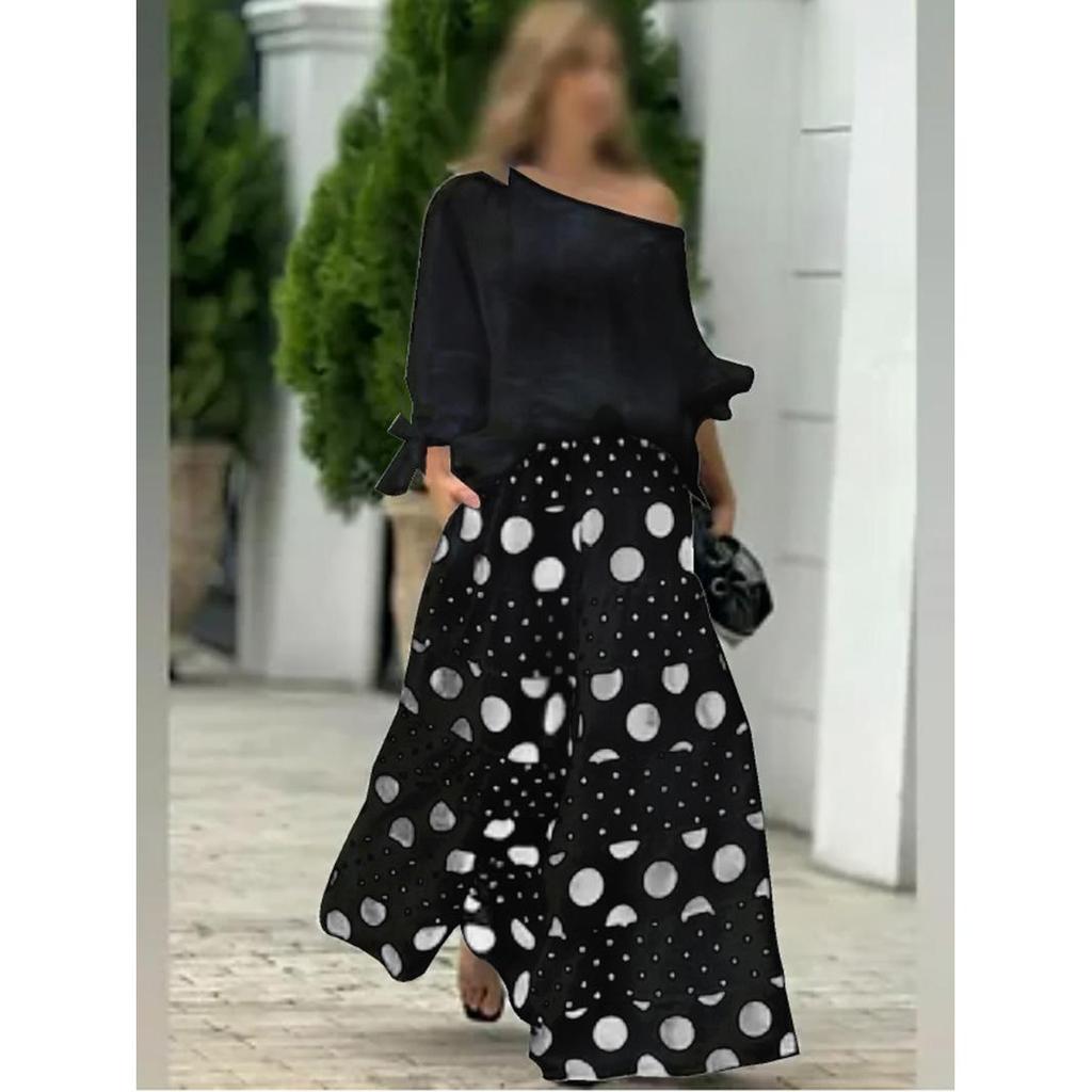 Mode High Street Outfits 2-teiliges Set Sexy schräger Ausschnitt einfarbige Bluse + Weitbeinige Hosen Sets Elegantes Polka-Dot-Muster Damenanzug