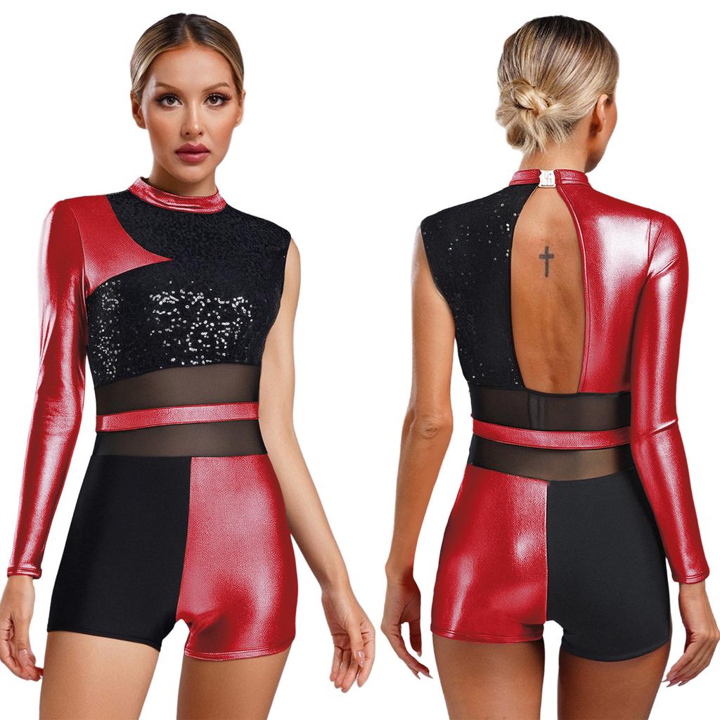 Professional Latin Dance Bodysuit for Women Glittery Sequins Backless Leotard Shiny Stage Performance Ballroom Wear