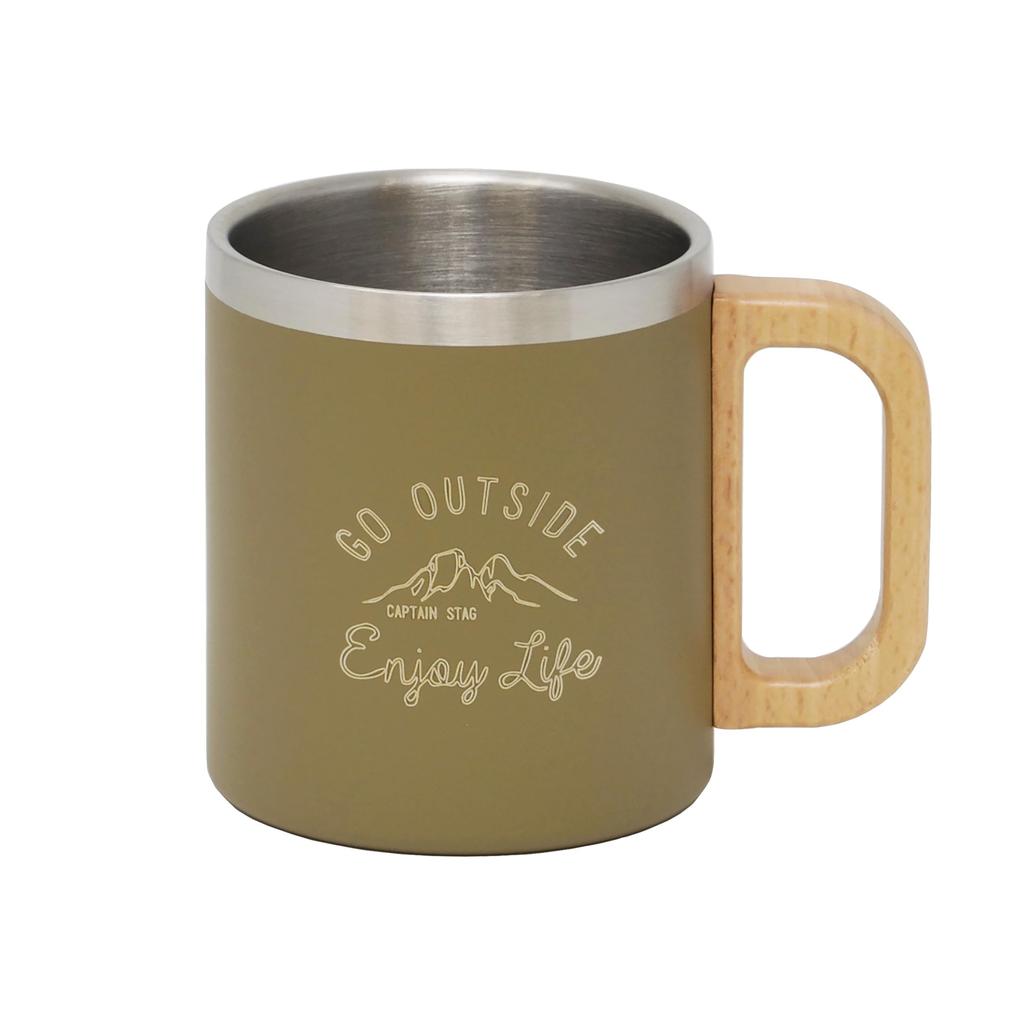 CAPTAIN STAG (CAPTAIN STAG) Outdoor CupMugTumbler, Double Stainless Steel, Hollow Insulation, HotCold Insulation, 350ml, Wooden Handle, Khaki, Monte