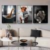 Funny Animal In Bathroom Poster Giraffe Elephant Orangutan Zebra Sitting In Bathtub Canvas Painting Toilet Wall Art Pictures No Frame
