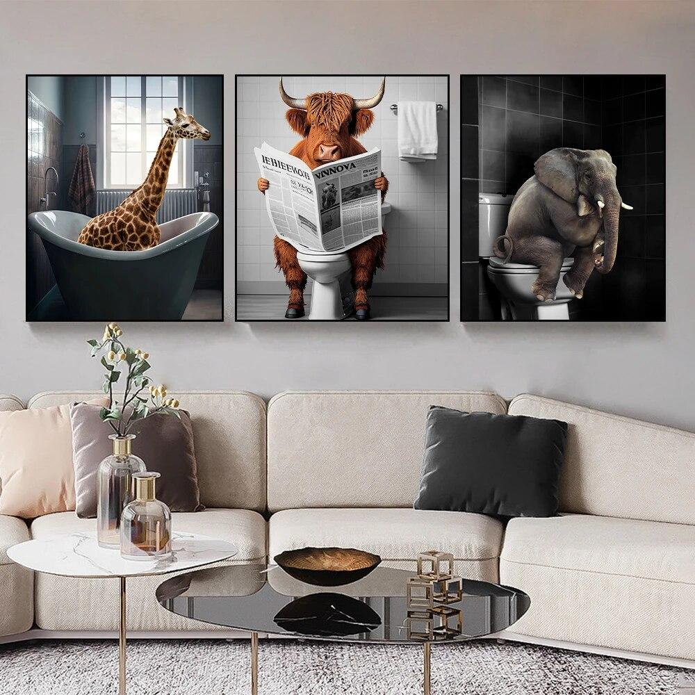 Funny Animal In Bathroom Poster Giraffe Elephant Orangutan Zebra Sitting In Bathtub Canvas Painting Toilet Wall Art Pictures No Frame
