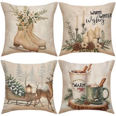 New Sled Deer Candle Christmas Pillowcase Linen Print Pillowcase Festive Room Sofa Decoration Cushion