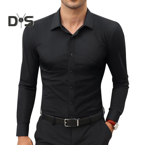 Men's Dress Shirt Long Sleeve Lapel Button Down Shirt Solid Color Formal Business Shirt for Work Dates Interviews Weddings