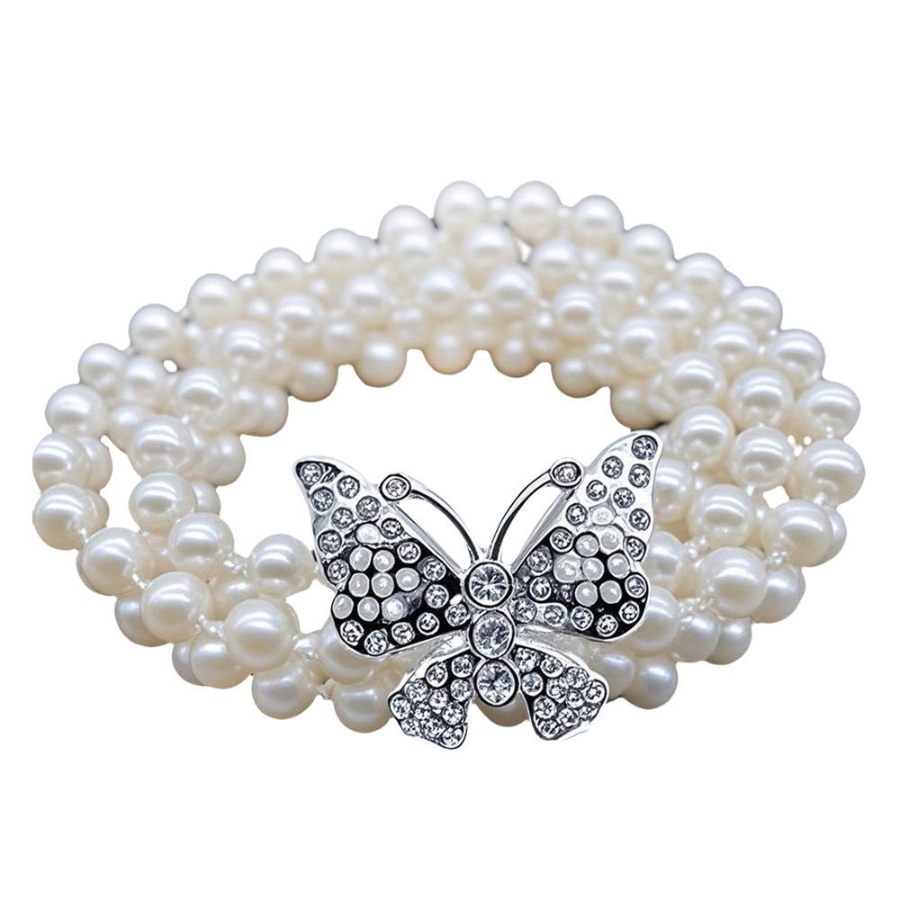 Luxury Butterfly Pearl Belt Pearls and Rhinestones Elastic Waist Bands For Women Lady Girl