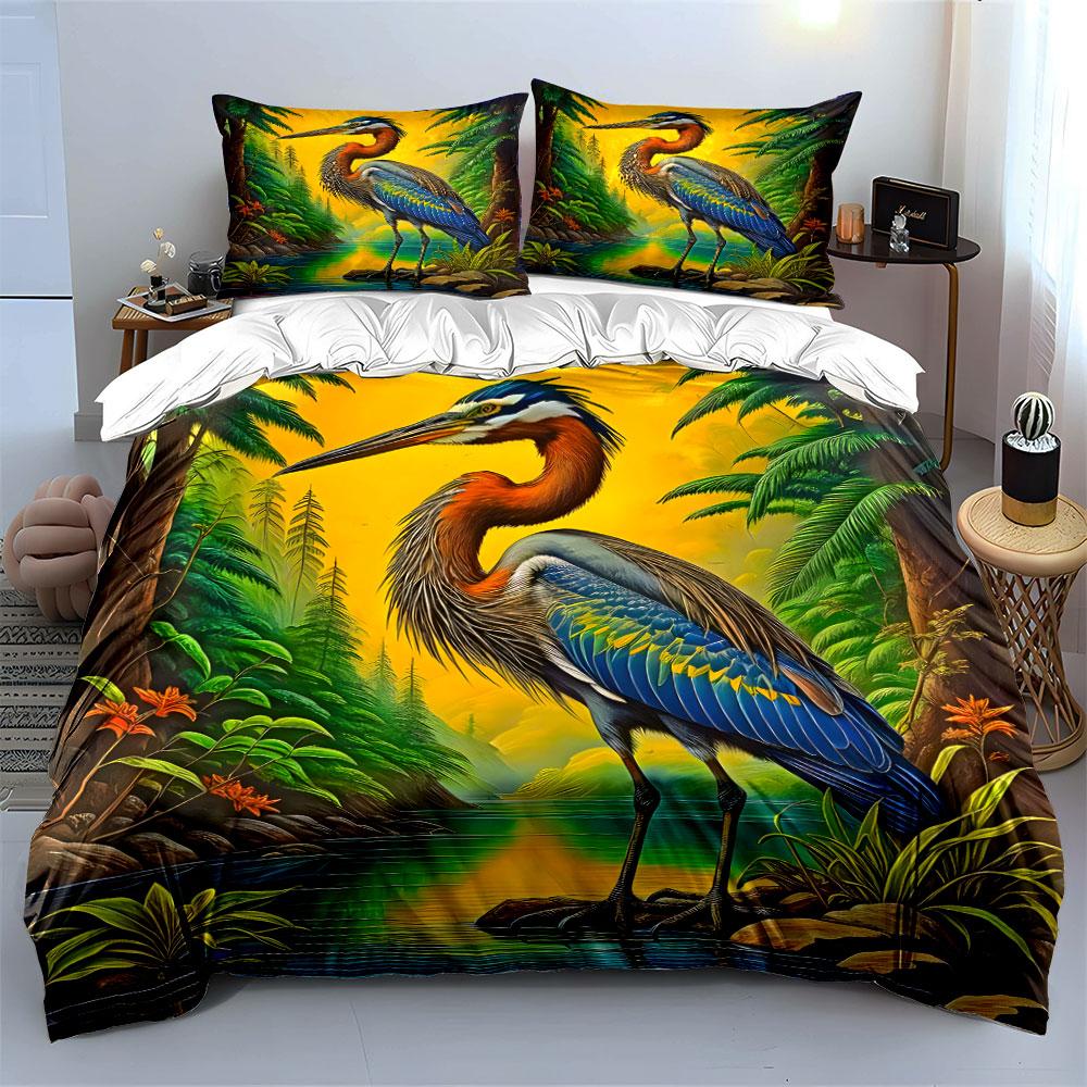 Heron Nature Artwork Set Soft Comfortable Duvet Cover Bedding Set Included 1*Duvet Cover & 2*Pillowcases, Gift