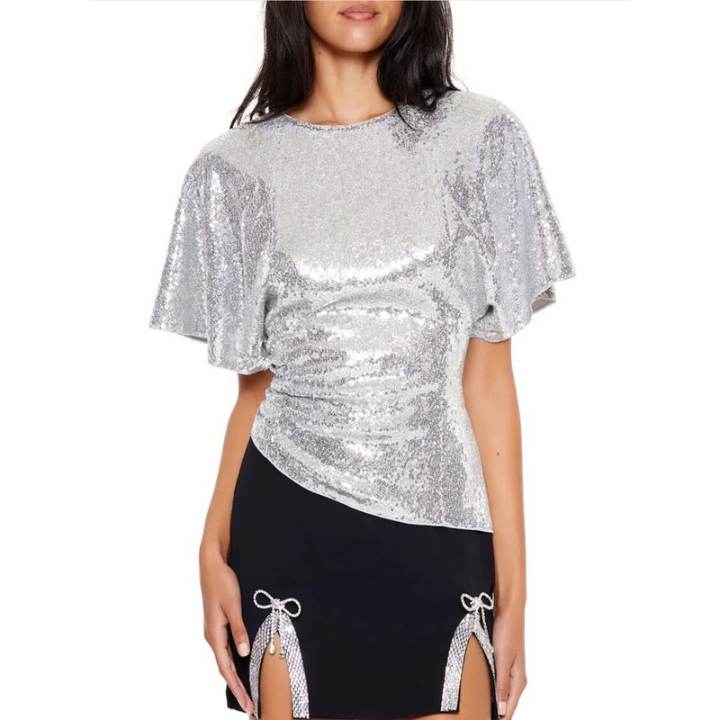 Foreign Trade Order F * 21 L.G.S.P Style Silver Sequined Batwing Sleeve Waist Hugging Irregular Temperament Top
