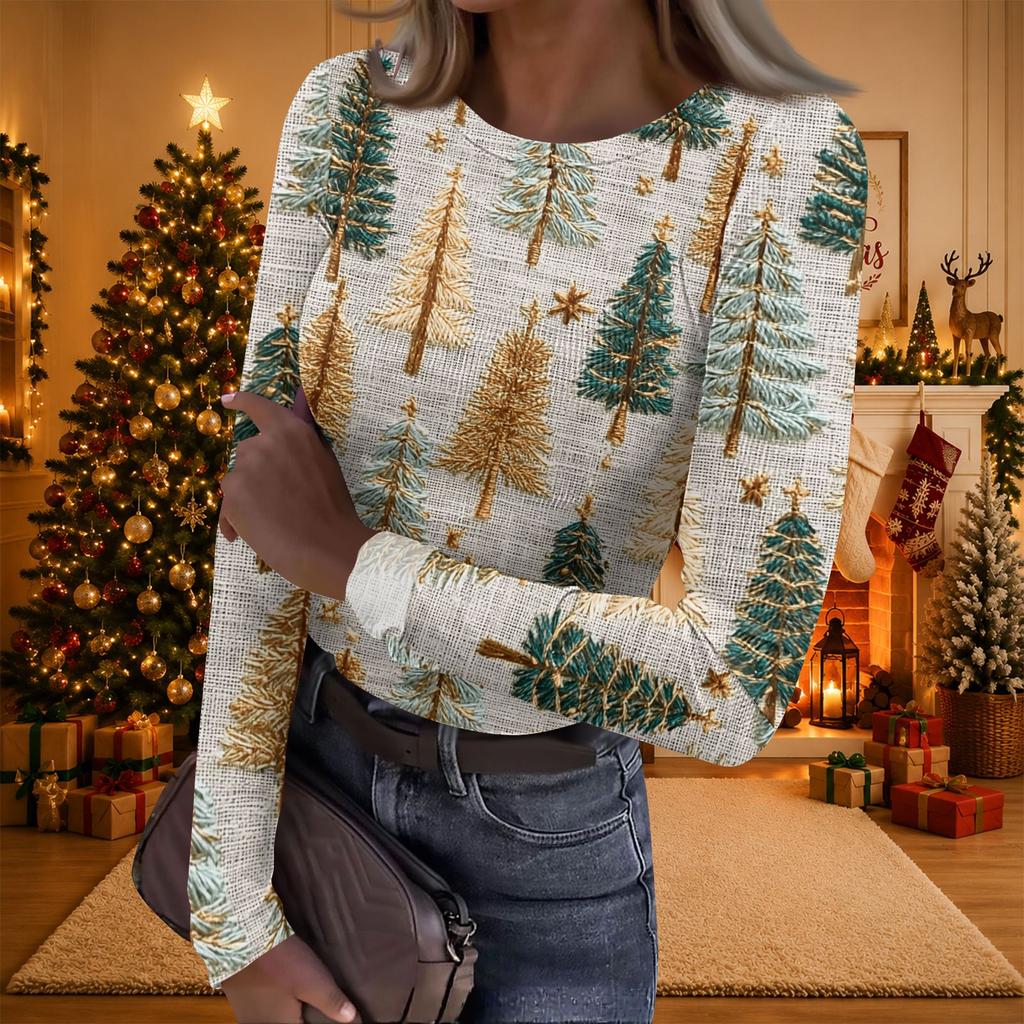 Women's Casual Christmas Print Long Sleeve Ribbed Neck Top
