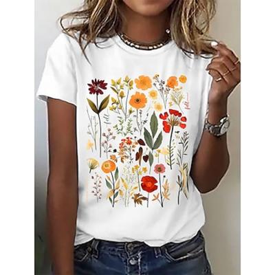 Damski T-shirt Kwiatowy Podstawowy Krótki Rękaw Okrągły Dekolt Regularny Top Codzienny Weekendowy Nadruk Czarny Biały Szary Lato