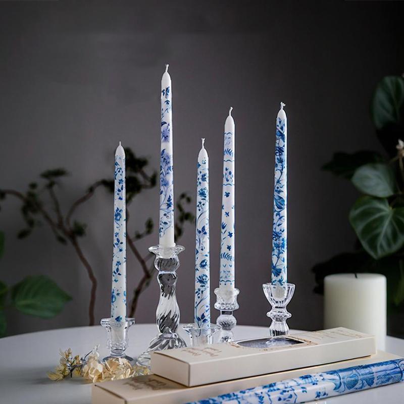 2 ks/sada Tištěné dlouhé tyčové svíčky Večeře Jednovětvová čínská modrobílá porcelánová dlouhá svíčka Párty Světlo svíček Domov 25 cm