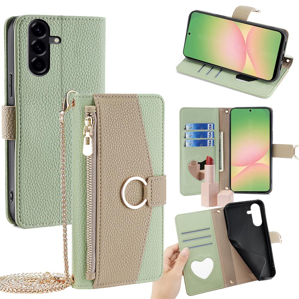For Samsung Galaxy A56 5G Case Mirror Wallet Leather Phone Cover with Chain Shoulder Strap