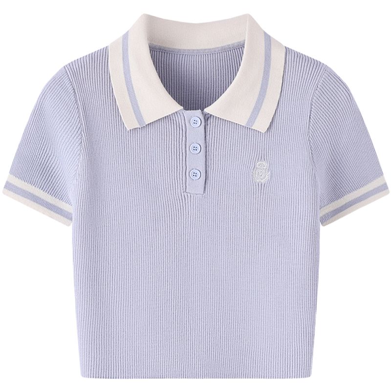 

Chengpin Embroider Mixed Color Lapel Short Sleeve Silm Badge Light purple One size