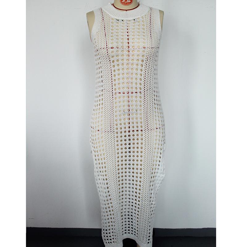 Cross-border Vacation Sexy Knit Sleeveless Dress: Solid Color, Round Neck, Breathable, High Slit, Beach Cover-up