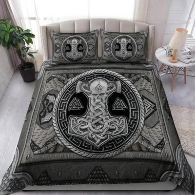 Wikinger Vintage King Queen Bettbezug Nordischer Mythos Bettwäsche Set Mittelalter Folklore Totem Quiltbezug Grau Polyester Bettbezug
