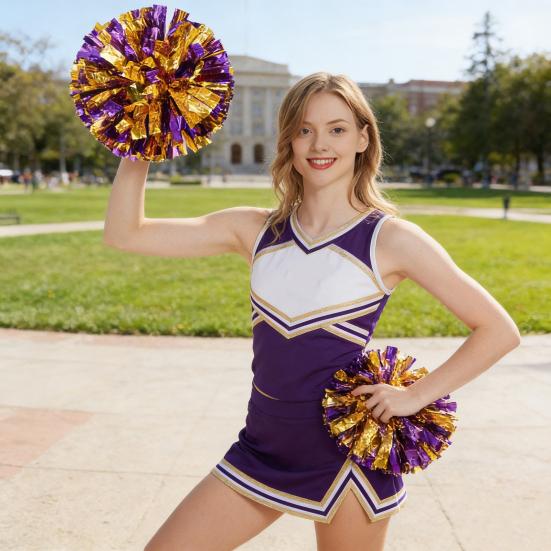 Cheerleading Pom Poms with Handle Cheerleader Squad Spirited Pompoms Metallic Foil Cheer Hand Flowers for Team Spirit Sports Dance Cheering Party