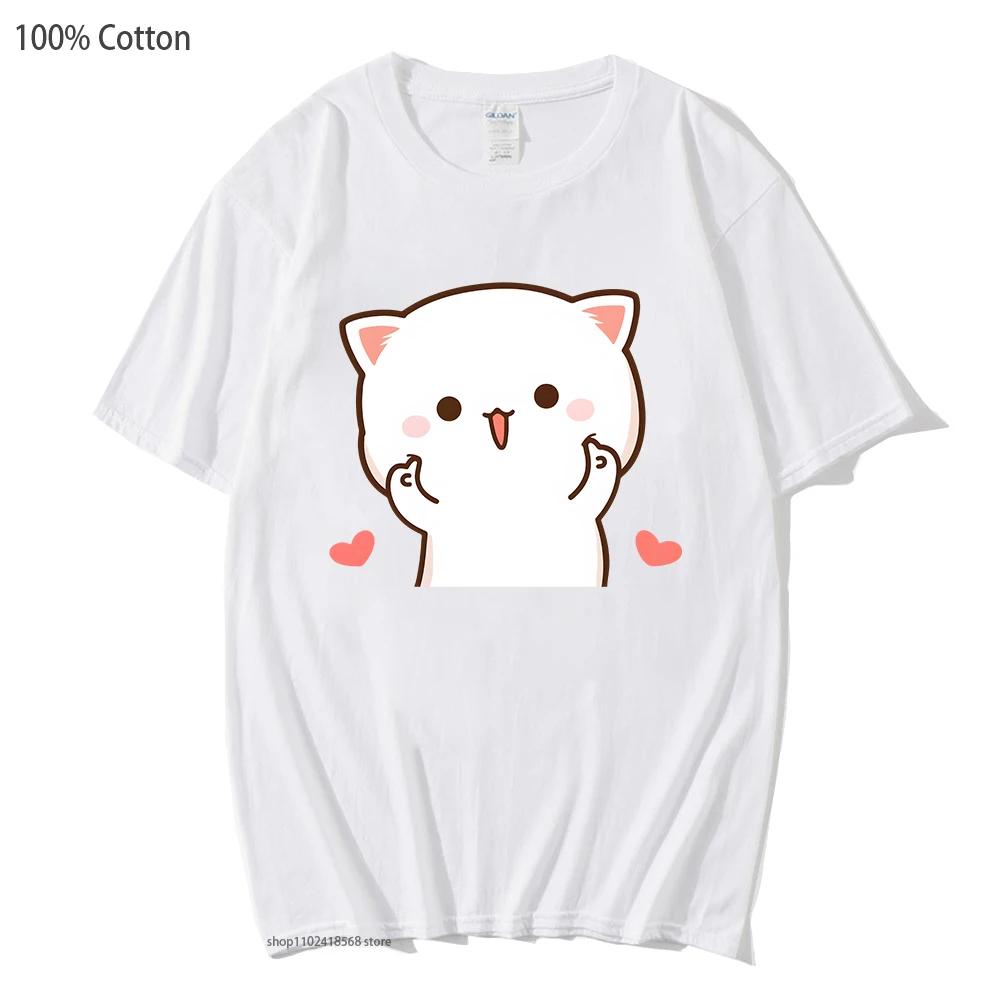 Cute Peach and Goma Mochi Cat Tshirt Women Cartoon Print Shirts Female Girls Kawaii Clothes Funny Tees Cotton Tops