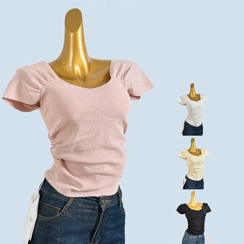 + Chest Pad Gyaru Sexy Square Collar Design Sense Niche T-shirt Women Summer Pure Desire Slim Fit Slimming Short Sleeve Small Top