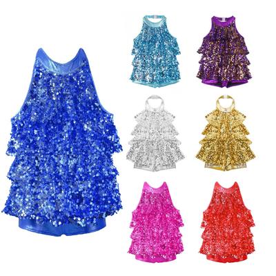Kinder Mädchen Glänzende Pailletten Neckholder Jazz Latin Dance Shorty Rüschen Kleid Bühnenshow Tanzbekleidung