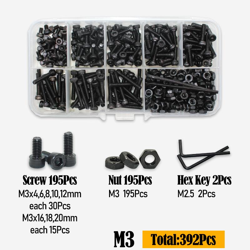 Black 2500P Hex Socket Head Screws Set M2 M2.5 M3 M4 M5 M6 DIN912 12.9 Allen Screw Nut Steel Button Head Socket Cap Bolt Nuts