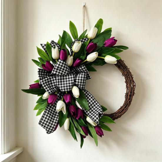 Tulip Wreath for Front Door Spring Artificial Tulip Rattan Wreath with Green Leaves And Plaid Bow for Farmhouse Wall Window Easter Home Decor
