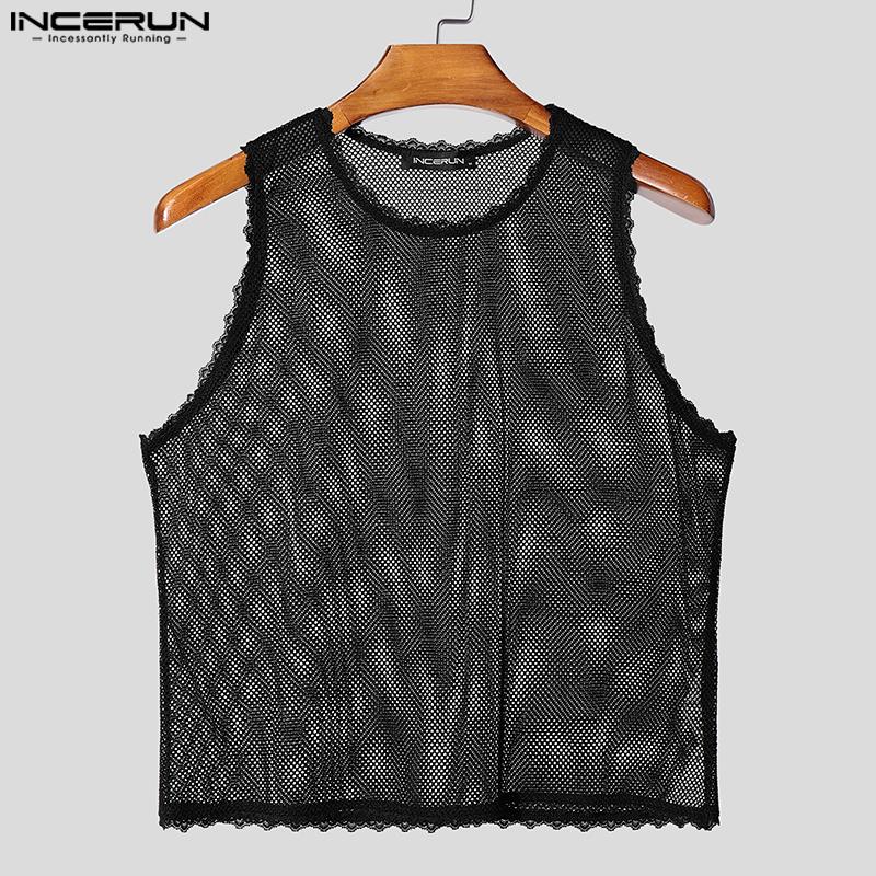 INCERUN Sommer Herren Ärmelloses Spitzensaum Mesh Durchsichtig Party Cropped Tank Tops