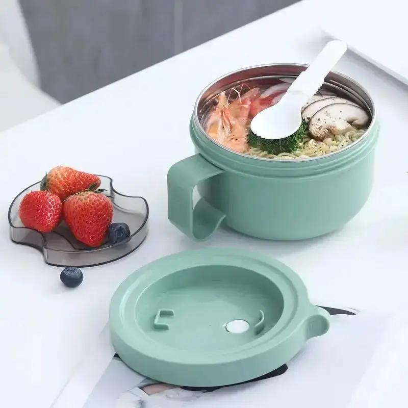 Balde de isolamento de alimentos de aço inoxidável de 450 ml, talheres dobráveis portáteis, lancheira de colarinho branco para estudantes, selada e à prova de vazamentos