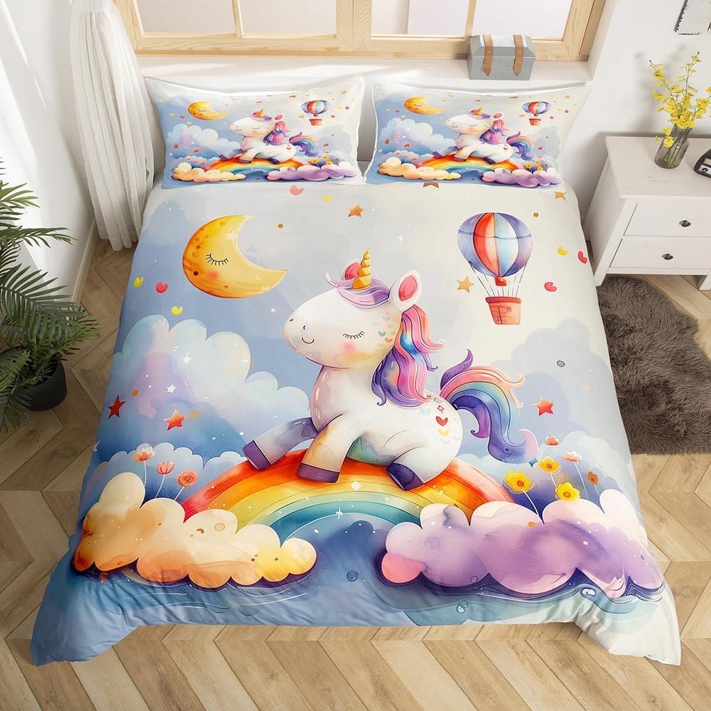 Einhorn Pferd Bettbezug Set Queen Size Träumerisches Regenbogen Bettwäsche 3 Teile Kinder Teenager Buntes Funkelndes Galaxie Set 2 Kissenbezüge