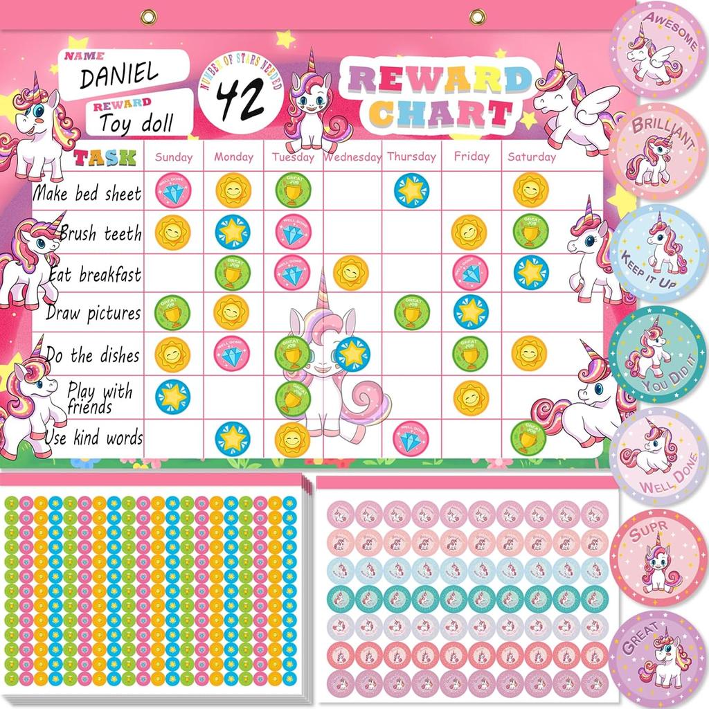Reward Chart for Kids, Unicorn Magnetic Kids Behavior Chart, Pad with 26 Chore Charts, 2080 Star Stickers, 70 Incentive Stickers, Responsibility
