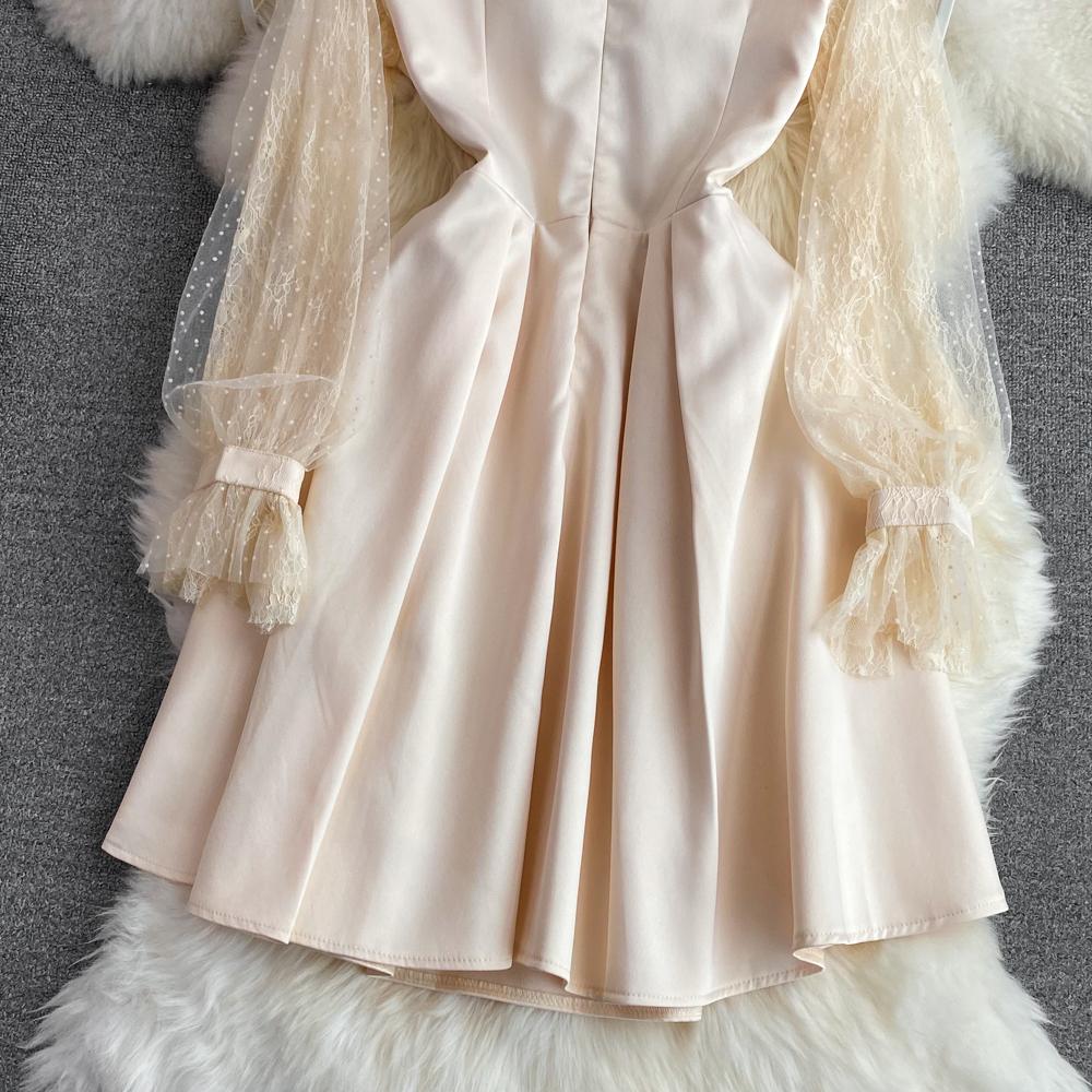 Neue Frühling Herbst Vintage Blase Langarm Luxus Perlen Pailletten Mesh Spitze Splice Stehkragen Bogen Blume Stickerei Party Kleid