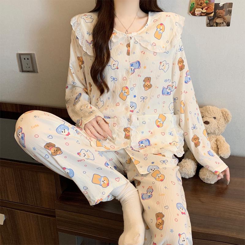 Pigiama in Cotone a Nuvole Pois - Set da Donna a Manica Lunga con Collo da Bambola per Primavera e Autunno