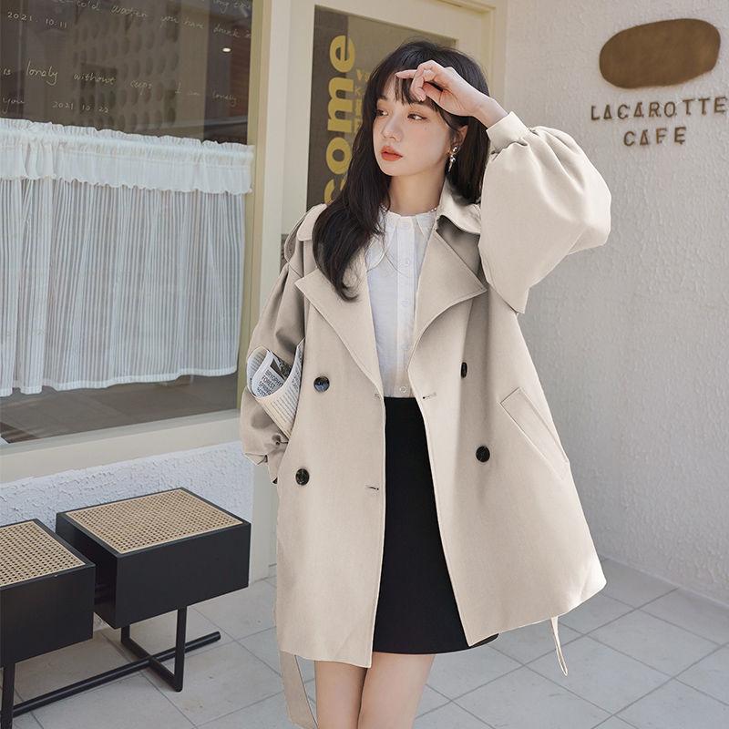Coffee Colored Short Windbreaker Jacket for Women Spring and Autumn Collection Lantern Sleeve Coat