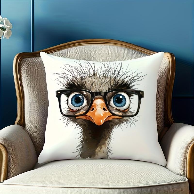 1Pc Cute Ostrich Wearing Glasses Printed Throw Pillow Cover,Suitable For Sofa,Bedroom,Livingroom,A Unique Gift For Animal Lovers