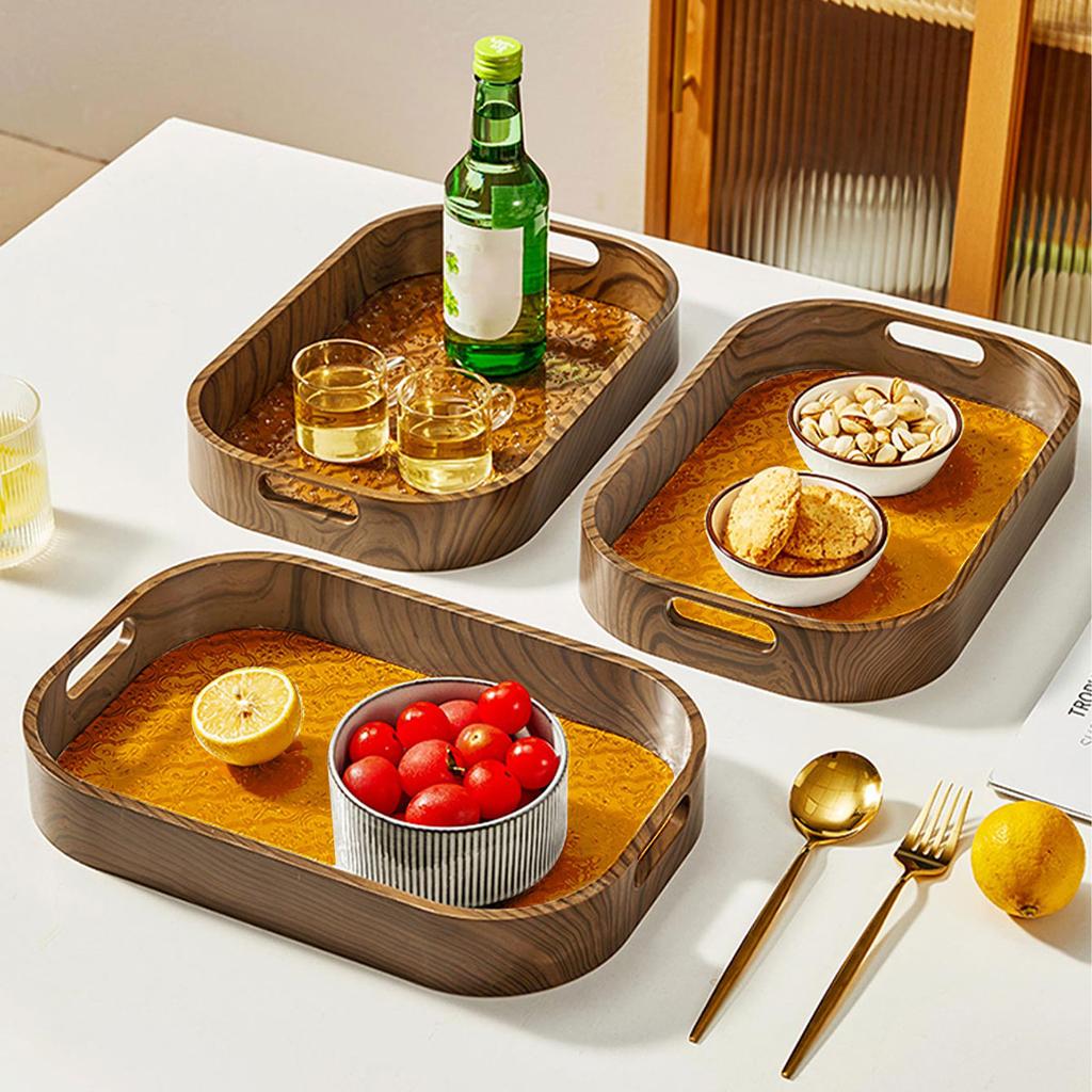 Tavă de servire din plastic, imitație de lemn, tavă de depozitare, farfurie pentru deserturi cu fructe, retro, begonia, organizator de flori, tavă pentru ceai