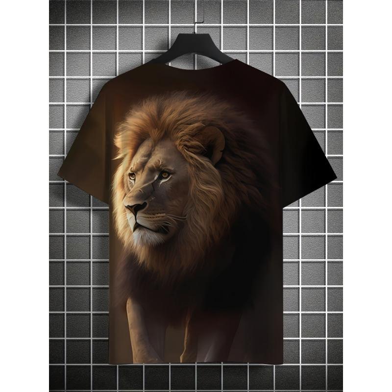 Fashion 3D Lion Face Mens Tshirt, High Quality Digital Printing Short Sleeve Tee, Comfortable Stretch Fabric Casual Summer Top, Trendy Streetwear