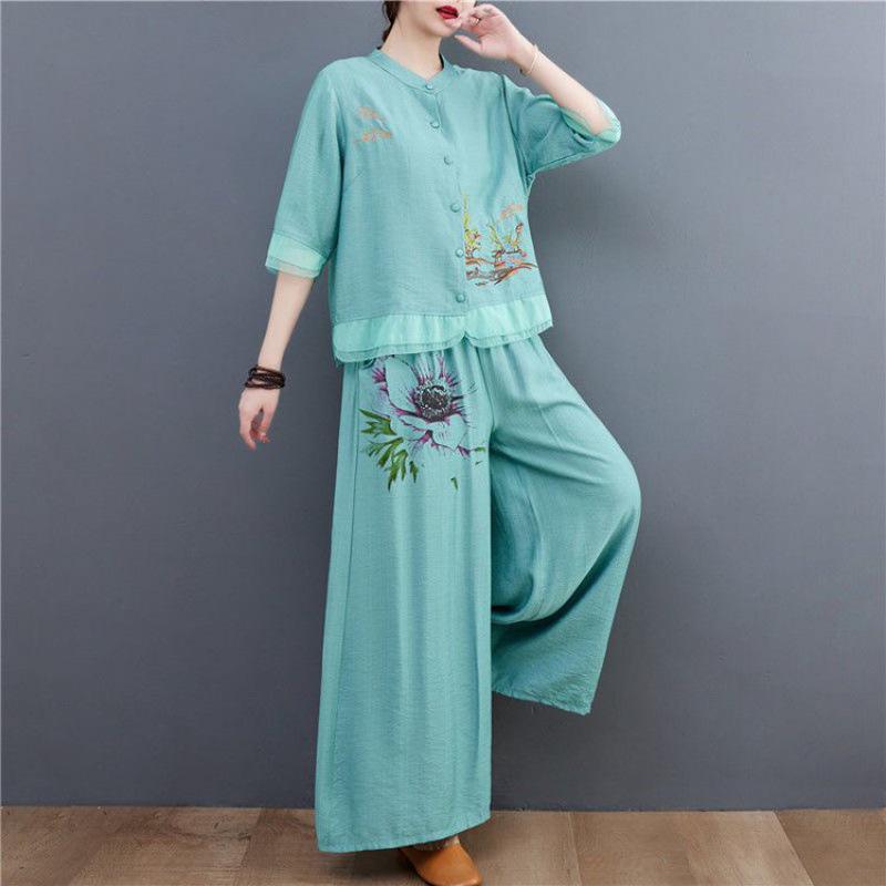 

Стильный летний костюм-двойка: Вышитый топ из хлопка и льна с широкими брюками для женщин среднего возраста 5XL (for 150-160 jin) озеро синий