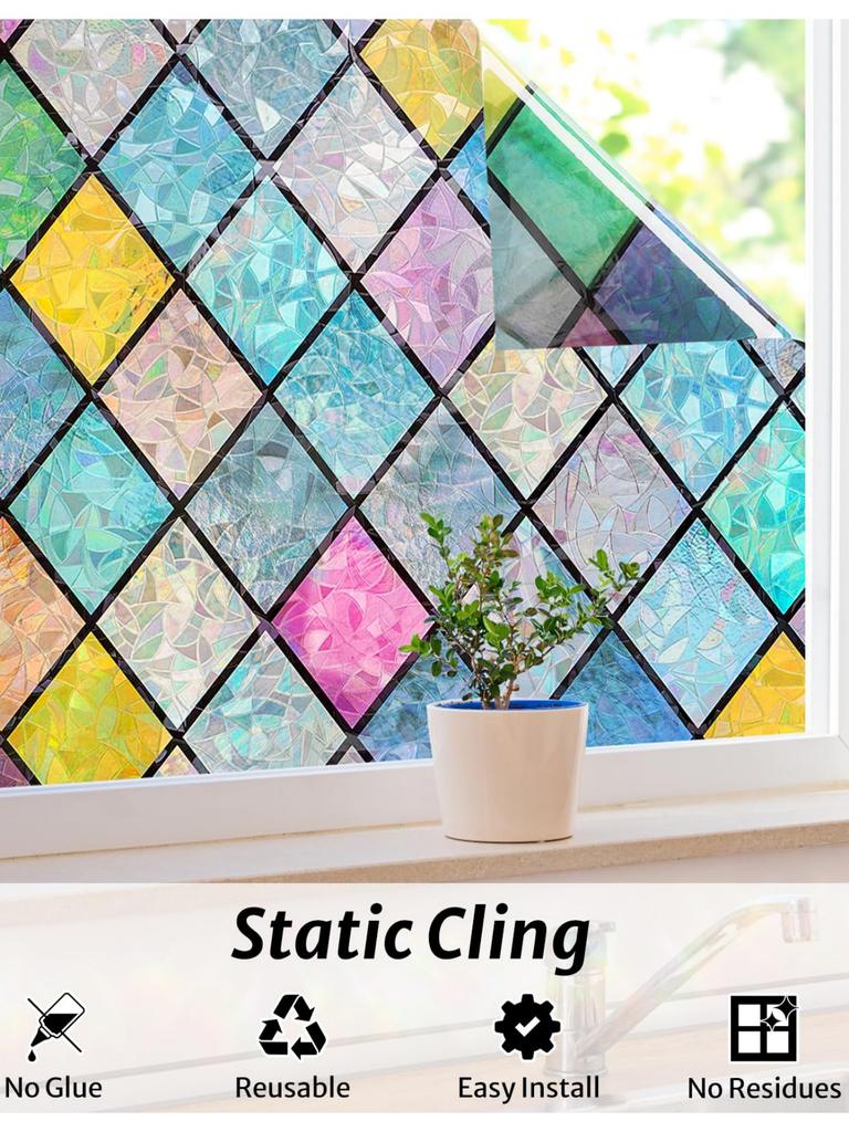 Folie de Vitraliu 3D - Holografic Curcubeu Intimitate Statică Aderență Blocare UV Acoperire Decorativă pentru Sticlă Casă Baie